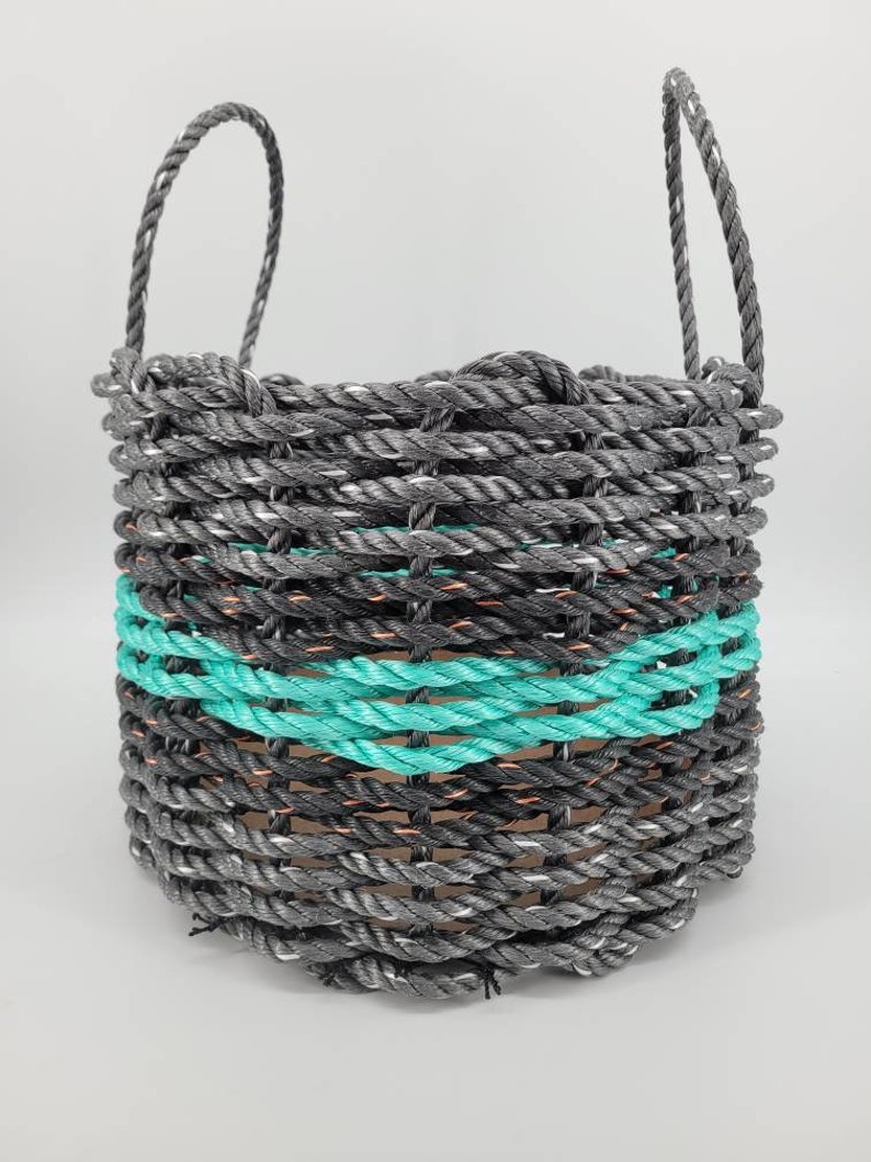 Basket made from Lobster Rope, Gray with Color Options Gray w/Teal