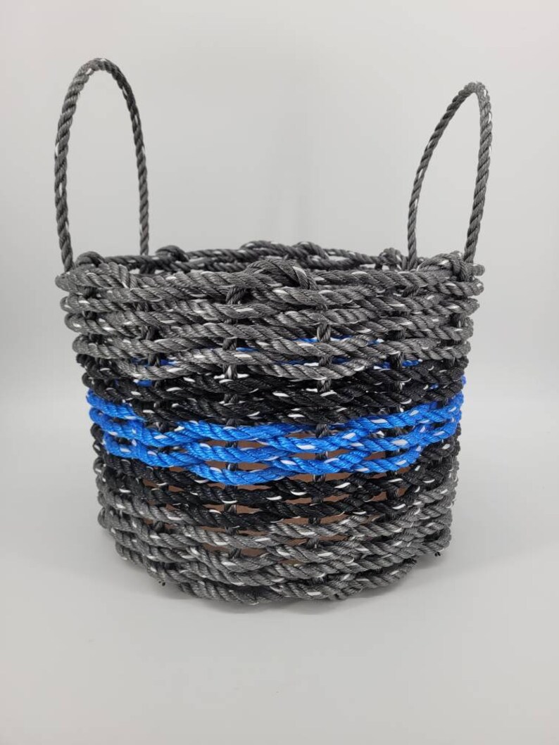 Basket made from Lobster Rope, Gray with Color Options Gray w/Blue