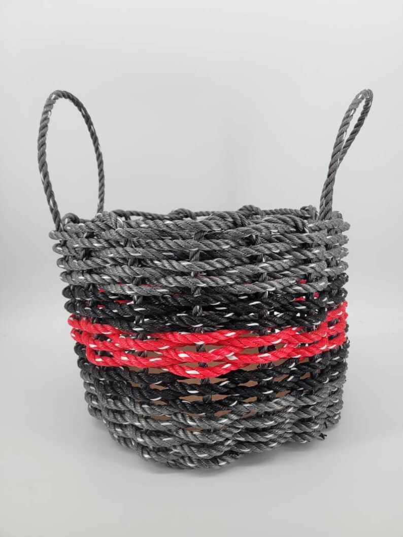 Basket made from Lobster Rope, Gray with Color Options Gray w/Red
