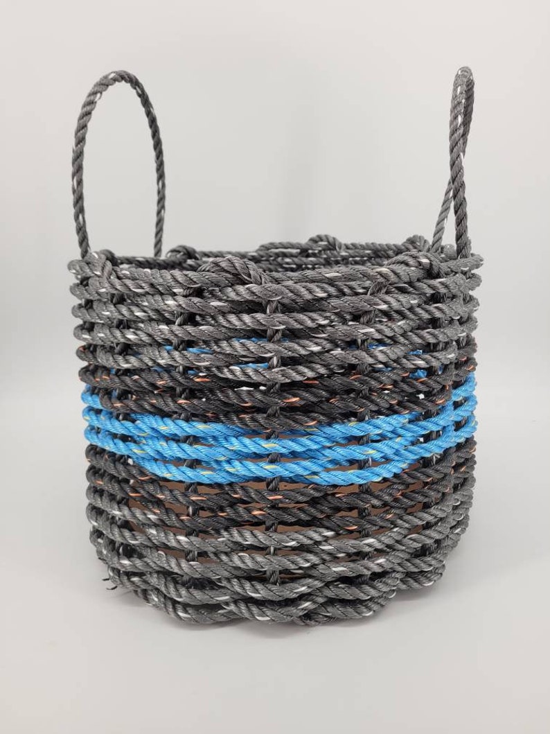 Basket made from Lobster Rope, Gray with Color Options Gray w/Light Blue