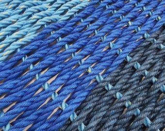 Rope Mat made with Lobster Rope, Navy Blue, Royal Blue and Light Blue Ombre