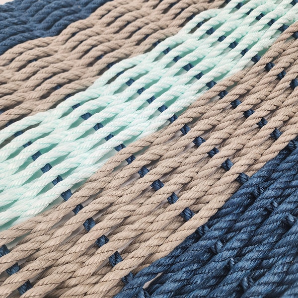 5 Stripe Lobster Rope Mat Navy Blue Tan and Seafoam