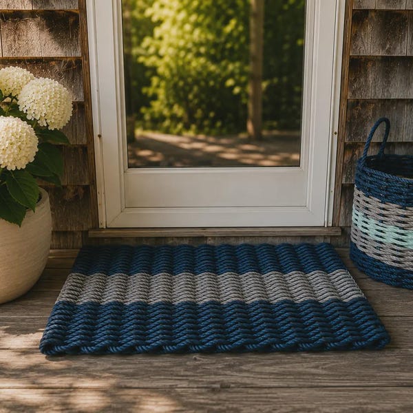 Navy Blue & Gray Lobster Rope Doormat - Handwoven Outdoor Welcome Mat