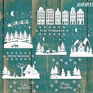 Weihnachtliche Fensterszene SVG, Frohe Weihnachten SVG zum Erstellen von Weihnachtsfensterbildern, Frohe Weihnachten svg, Fensterdekoration svg Bündel