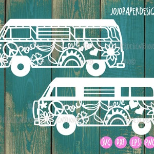 Groovy floral van SVG con signo de la paz y símbolos hippies, boho van vector para Cricut y Silhouette, vector de furgoneta vintage de corte láser