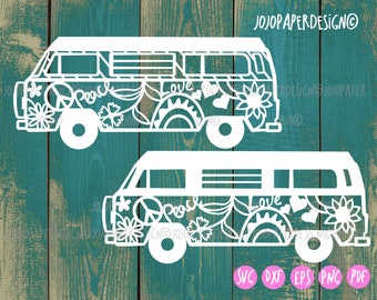 Groovy floral van SVG with peace sign and hippie symbols ,  boho van vector for Cricut and Silhouette, laser cutting vintage van vector