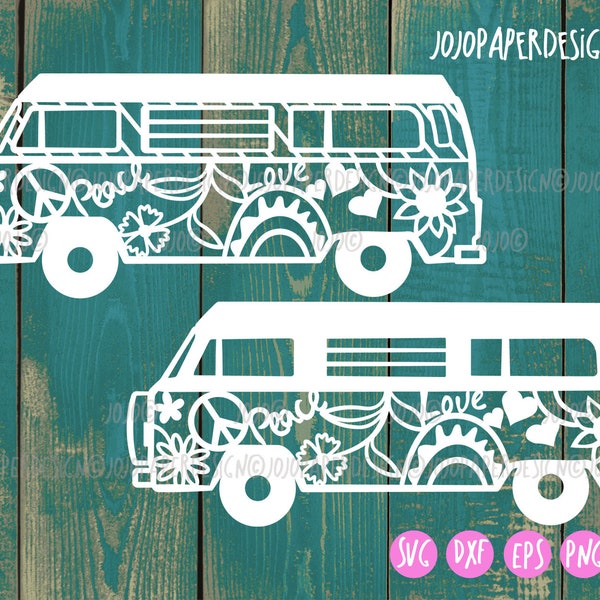 Groovy floral van SVG with peace sign and hippie symbols ,  boho van vector for Cricut and Silhouette, laser cutting vintage van vector