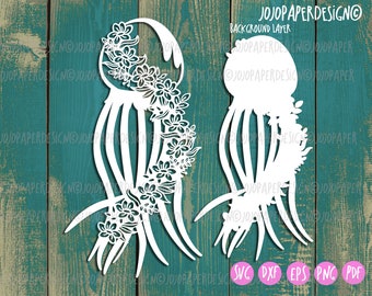Floral Jellyfish svg var3, Jellyfish svg for Cricut and Silhouette or laser cutting, paper cutting template, jellyfish layered vector
