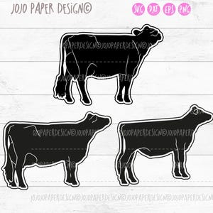 Puede incluir: Siluetas de vaca en blanco y negro con borde blanco. La imagen presenta tres ilustraciones de vaca diferentes. El texto "JOJO PAPER DESIGN" está en la parte superior izquierda. La imagen también incluye el texto "SVG DXF EPS PNG".