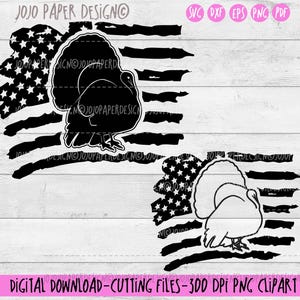 Può includere: Download digitale in bianco e nero con una silhouette di tacchino su un design a bandiera americana. L'immagine include il testo "JOJO PAPER DESIGN" e "DIGITAL DOWNLOAD-CUTTING FILES-300 DPI PNG CLIPART".