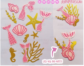 Mermaid tail SVG, Downloadable mermaid cake topper SVG, Mermaid birthday girl svg,  seashell DXF , coral png, starfish vector, seaweed svg