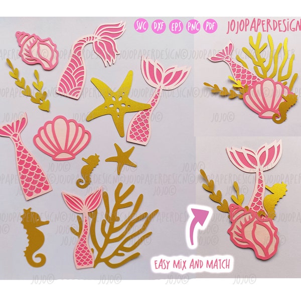 Mermaid tail SVG, Downloadable mermaid cake topper SVG, Mermaid birthday girl svg,  seashell DXF , coral png, starfish vector, seaweed svg