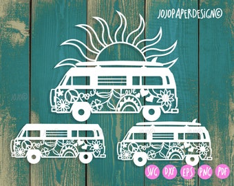 Hippie van svg with peace sign and flowers, boho design for Cricut and Silhouette