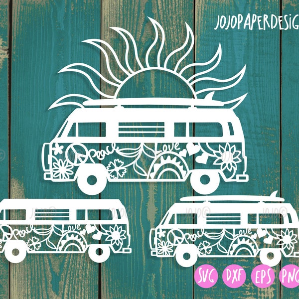 Hippie van svg with peace sign and flowers, boho design for Cricut and Silhouette