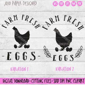 Oeufs frais de la ferme svg, svg poulet avec des oeufs, poulet signe PNG, oeufs à vendre signe, décoration murale ferme, pour Cricut, 2 variations incluses
