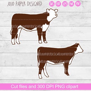 肉牛 SVG、ヘレフォード雌牛 SVG、ショー雌牛 PNG クリップアート、ヘレフォード シルエット SVG、Cricut または Silhouette に最適、商用ライセンス