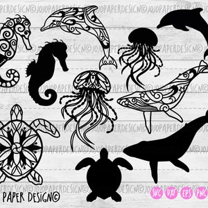 May include: A set of 10 black and white digital cut files featuring various sea creatures, including a turtle, a whale, a dolphin, a jellyfish, and a seahorse. The designs are intricate and detailed, with a mandala-like pattern.
