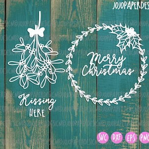 Kerstkrans SVG, Merry Christmas handgeschreven SVG voor het maken van kerstvenster vastklampen, Maretak SVG, svg raamdecoratie