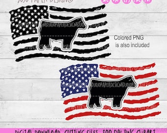 Show steer US flag SVG, Show Cattle svg, show steer PNG clipart, Beef cattle svg with distressed American flag,with small commercial licence