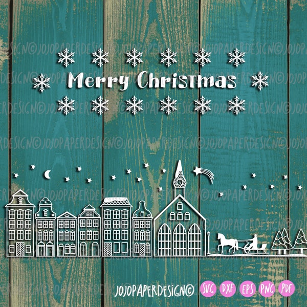 Christmas houses window decoration SVG, Merry Christmas SVG for creating Christmas window cling, Winter landscape SVG for christmas