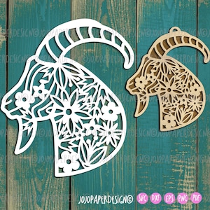 Billy goat SVG for Cricut and Silhouette,  goat SVG for laser cutting, goat Christmas ornament SVG,floral goat head svg for paper cutting