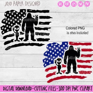 Bigfoot 4 luglio SVG, Bigfoot bandiera americana SVG, Bigfoot con alieno SVG, Bigfoot 4 luglio PNG, piccola licenza commerciale inclusa
