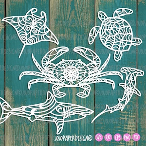 Pacchetto mandala SVG vita marina (var. 2.), SVG marino, tartaruga marina in formato SVG, granchio mandala in formato SVG, mandala in formato SVG Manta Ray, mandala in formato SVG squalo, oceano in formato SVG