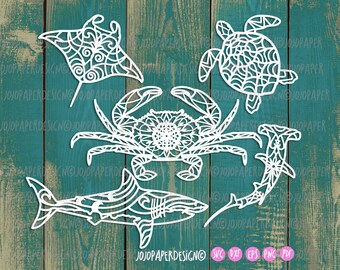 Sea life SVG mandala bundle (var. 2.) , marine SVG, sea turtle svg, mandala crab svg, manta ray svg mandala, shark svg mandala, ocean svg