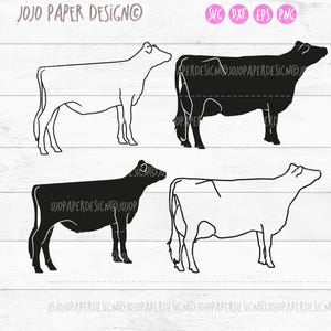 Könnte beinhalten: Vier Kuhsilhouetten in Schwarz und Weiß. Zwei sind tiefschwarz und zwei sind weiß umrandet. Das Bild enthält den Text "JOJO PAPER DESIGN" und die Dateityp-Symbole: SVG, DXF, EPS und PNG.