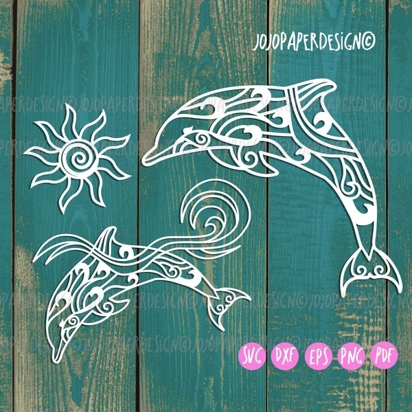 Dolphin SVG perfect for Cricut Silhouette, Sea animal SVG, Wave and tribal dolphin SVG for laser , small commercial license included