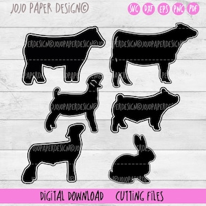 May include: A set of six black silhouette SVG cut files for crafting projects. The files include a pig, goat, rabbit, and three different cow silhouettes.