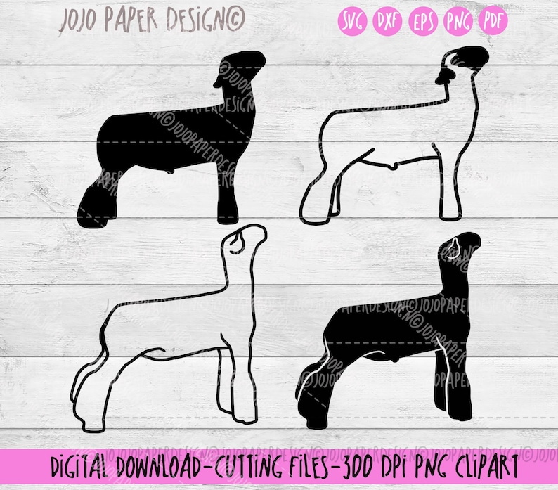 Op de afbeelding: Vier schapensilhouetten in zwart en wit, tegen een lichte houtnerf achtergrond. De ontwerpen omvatten effen zwarte en omtrekversies, met de tekst "JOJO PAPER DESIGN" en "DIGITAL DOWNLOAD-CUTTING FILES-300 DPI PNG CLIPART".