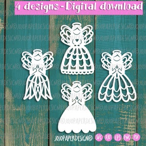 Könnte beinhalten: Vier digitale Download-Designs von weißen Papier-Ausschnitten von Engeln mit filigranen Details. Jeder Engel hat einen Heiligenschein, Flügel und ein fließendes Kleid.
