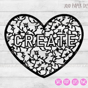 May include: Black and white digital download of a heart-shaped design with a floral pattern and the word "CREATE" in the center.