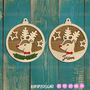 Reindeer ornament SVG (var2), personalized Christmas ornament svg for laser cutting, small commercial license included