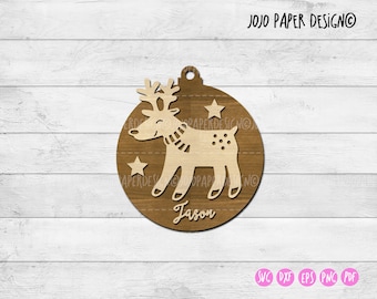 Reindeer ornament SVG, personalized Christmas ornament digital file for laser cutting, small commercial license included