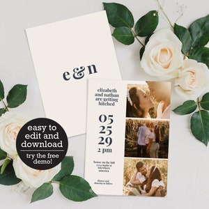 Convite de casamento editável com tira de fotos - Minimalista tipográfico moderno - Editável personalizado - Download instantâneo