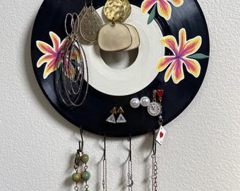 7" Vinyl Record Jewelry Display | Tropical Flower Design | Handpainted Earring/Necklace Holder |  Aesthetic Room Decor