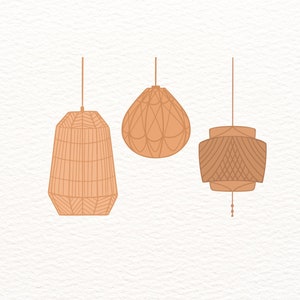 May include: Three hanging pendant lights in a light brown tone. The left light has a tall, tapered cylindrical shape with a grid pattern. The center light is round and bulbous with a webbed design. The right light is rectangular with a cross-hatch pattern.