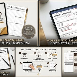 Peut inclure: Un classeur numérique d'organisation de vie pour adultes TDAH au format PDF, comprenant un tableau de bord quotidien, des suivis de routine et de dépenses, et des pages de laboratoire exécutif, compatible avec les applications d'annotation.