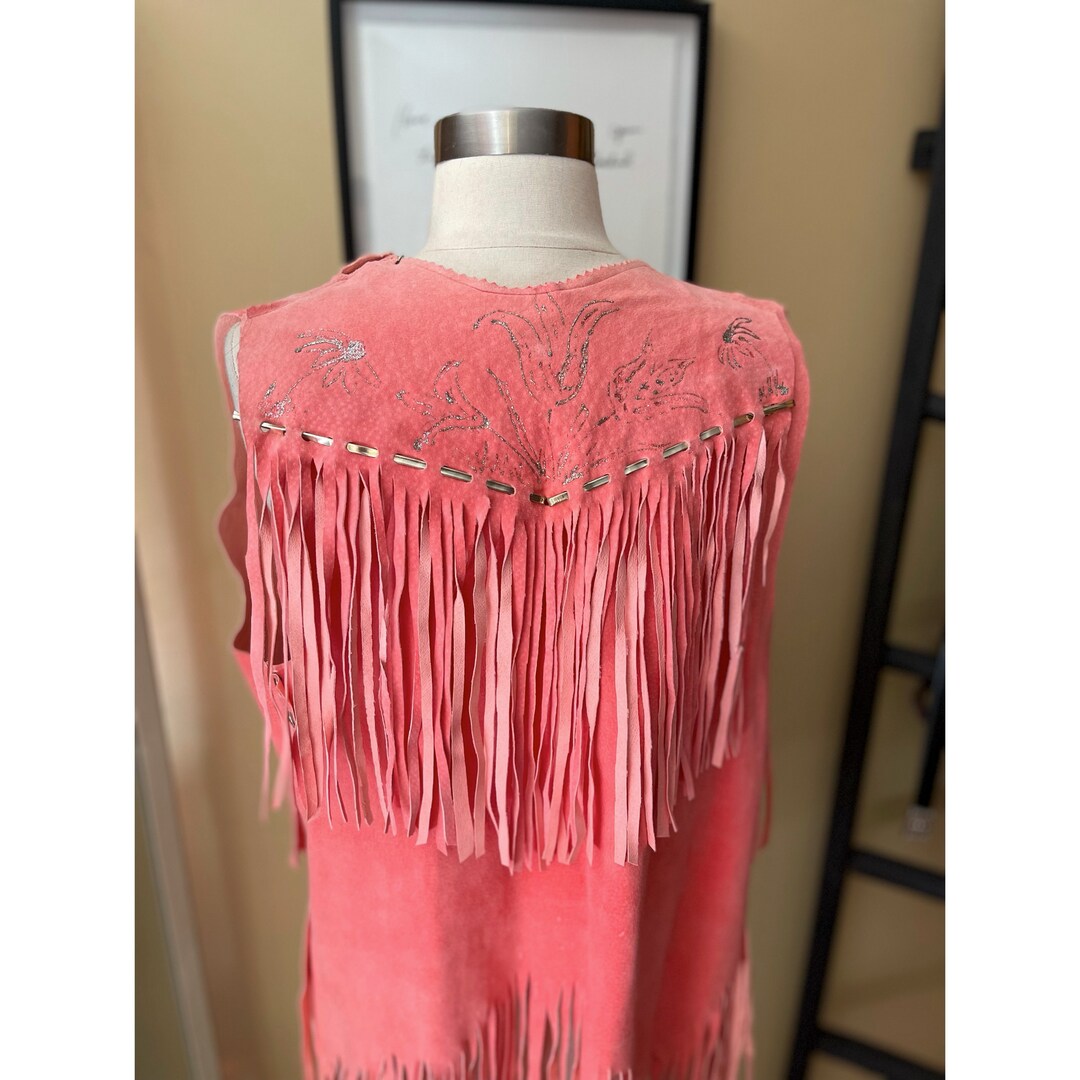 VINTAGE HANDMADE Pink Fringe Vest W/ Floral Detailing Sz S/M - Etsy