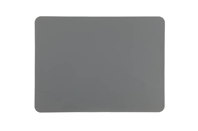 May include: A gray silicone placemat. The placemat is rectangular and has a smooth surface.