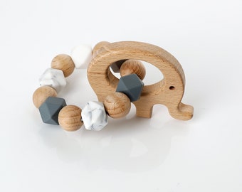 Greifring (personalisierbar) aus Holz * grau * Elefant *