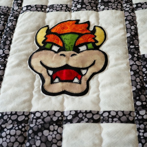 Handmade Mario Baby Blanket: Bowser Theme, Applique Characters, Minky Backing, Custom Quilted (43"x43")