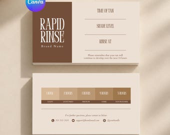 Puede incluir: Dos tarjetas de visita rectangulares con un esquema de color crema y marrón. La tarjeta superior presenta el texto RAPID RINSE, Brand Name, TIME OF TAN, SHADE LEVEL y RINSE AT. La tarjeta inferior muestra una guía de bronceado de cinco pasos.