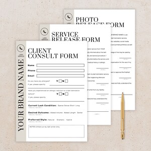 Formulario de consentimiento del cliente del artista de pestañas / Formulario de autorización de uso de fotografías y servicios / Renuncia a la laminación de pestañas / Plantillas editables / MEMBRETE A4 y EE. UU.