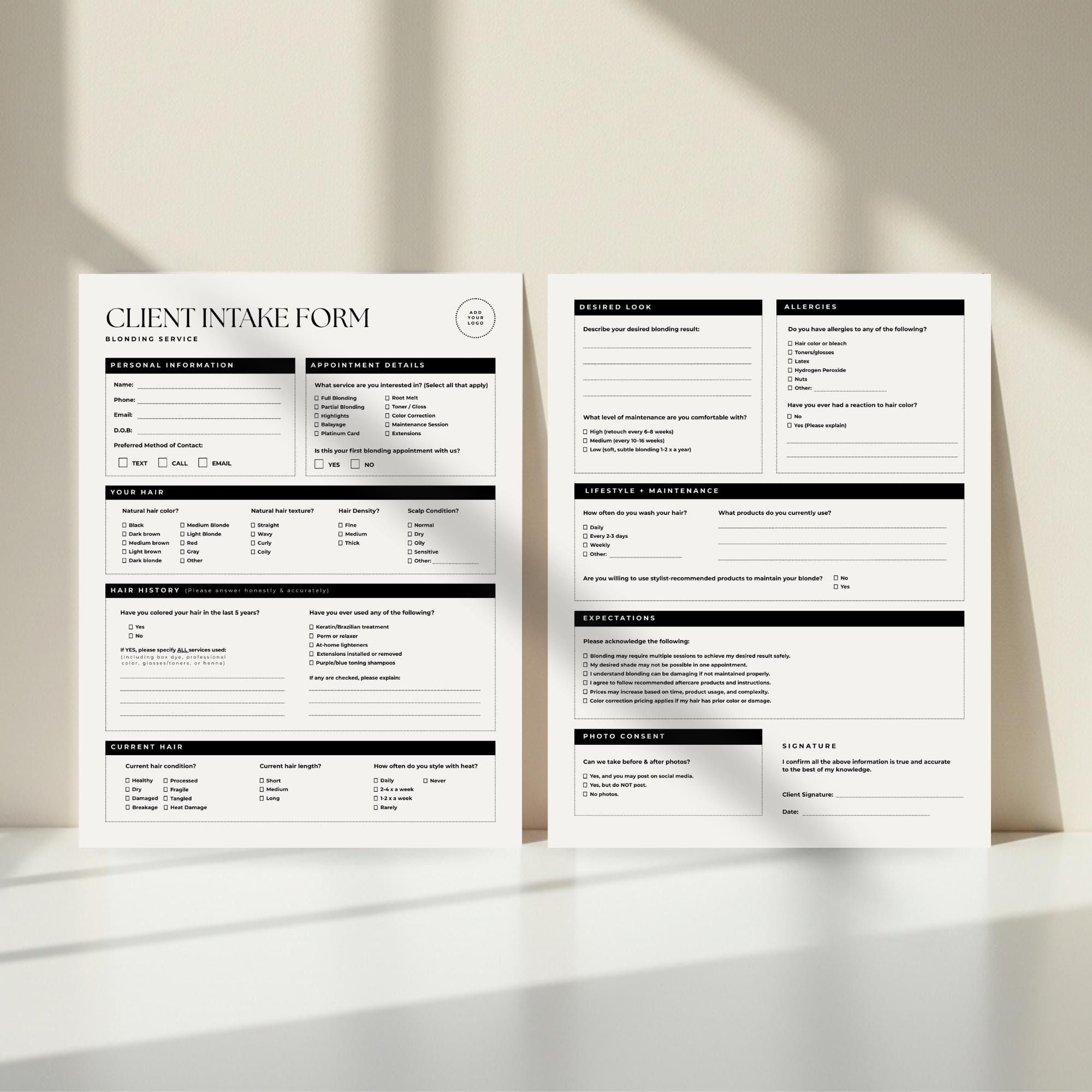Blonding Service Hair Salon Client Intake Form Template | Printable ...