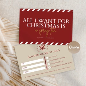 Vale-presente de Natal para negócios de bronzeamento a jato | Designs de modelos editáveis 6 x 4 | Modelo de certificado de presente | Design de cartão-presente digital |