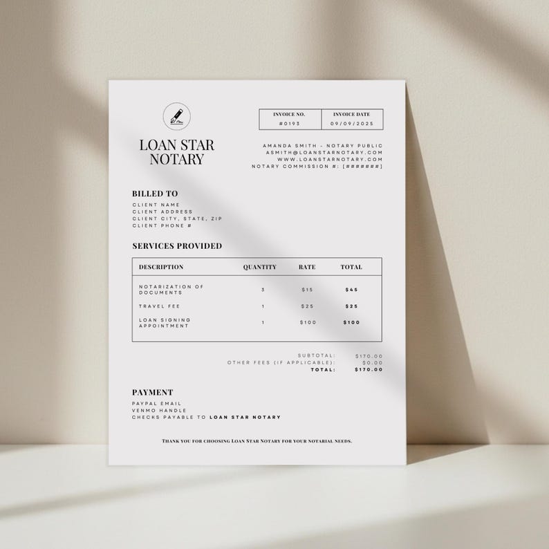 Notary Public Invoice Template | Printable Invoices | Loan Signing ...