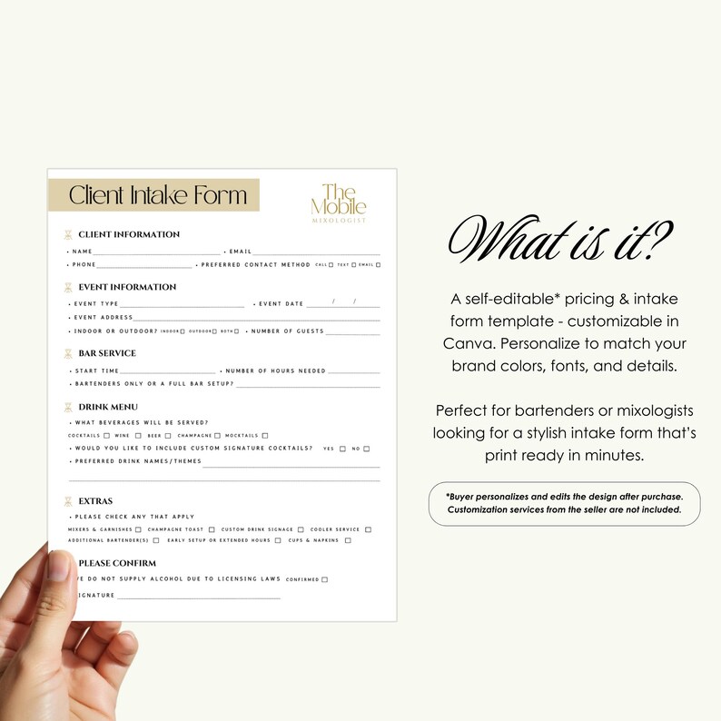 Mixologist Making Menu Notes Mobile Bartender Package Menu Template | Mixologist Client Intake Form ...